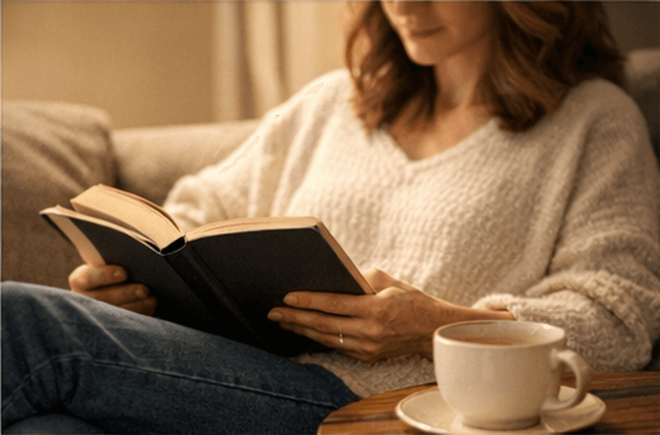 A person relaxing at home with a warm drink
