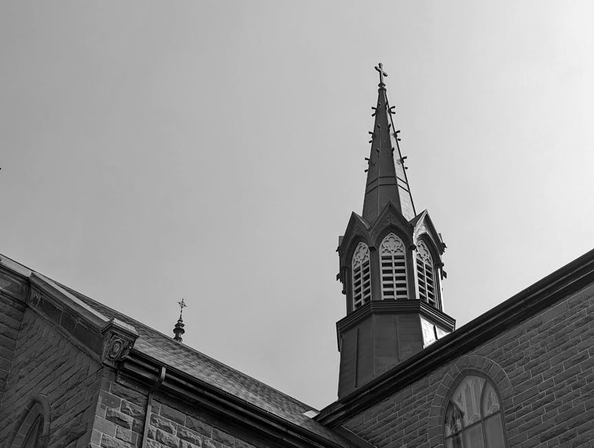 A striking black and white image of a church tower in Charlottetown, PE, Canada.