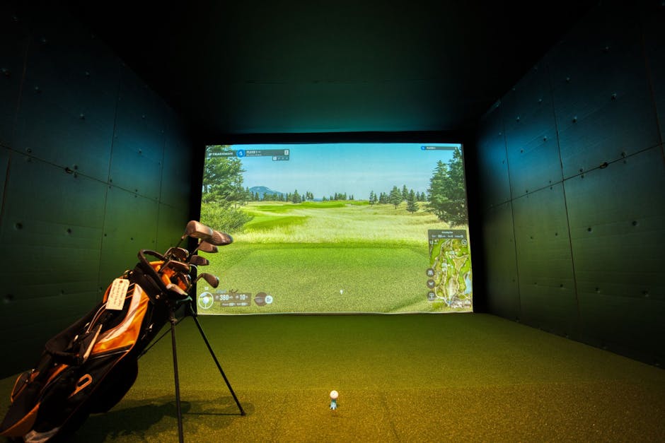 A modern indoor golf simulator with realistic course graphics, located in Mississauga, Canada.