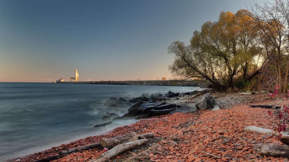 Beautiful lakeshore in Mississauga, Ontario with rocky beach and trees at sunset.