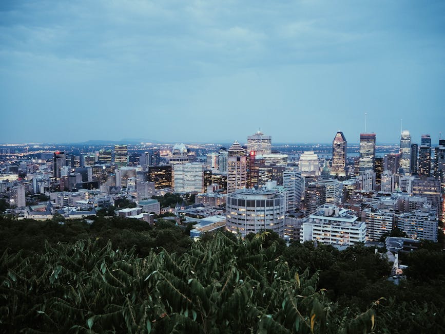 Scenic view of Montreal's skyline at twilight from Mount Royal showcasing city lights and architecture.