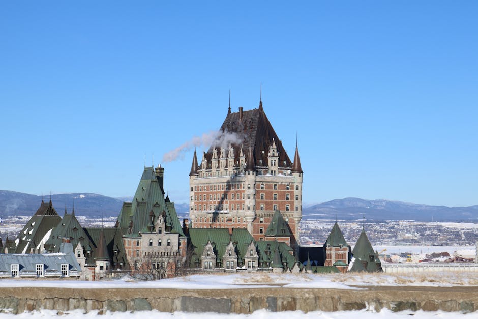 The iconic Château Frontenac covered in snow in Québec City, Canada.